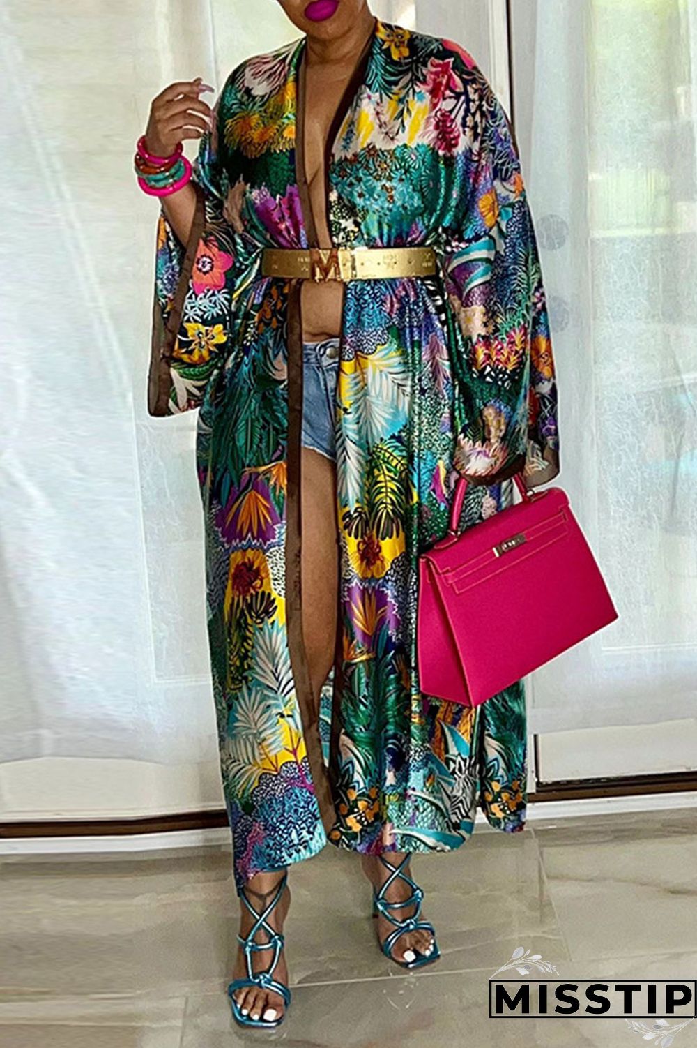 Red Fashion Casual Print Patchwork Outerwear(Without Belt)