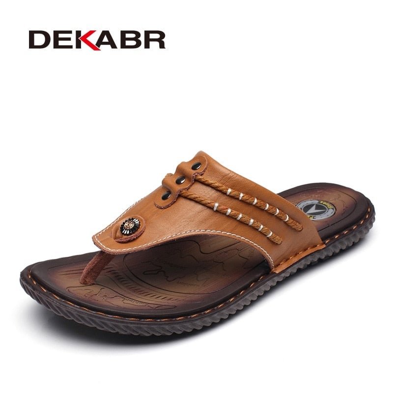 DEKABR Cow Leather Men Beach Slippers Fashion Flip Flops With Soft Sole Trendy Breathable Easy To Match Men Summer Shoes Men