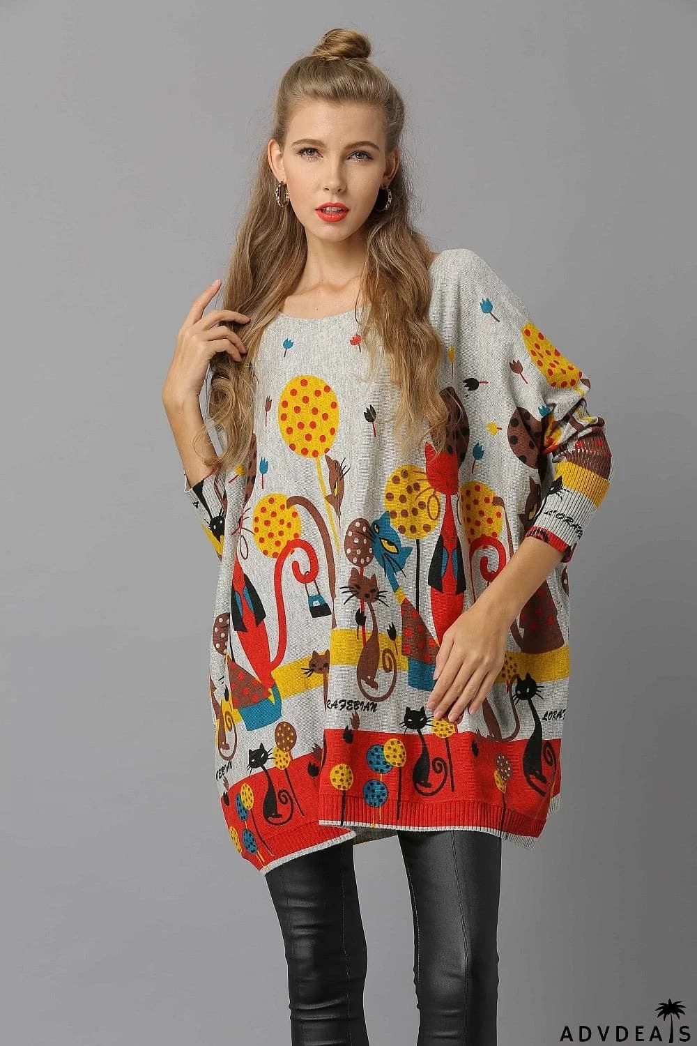 Cat Print Longline Knitted Top