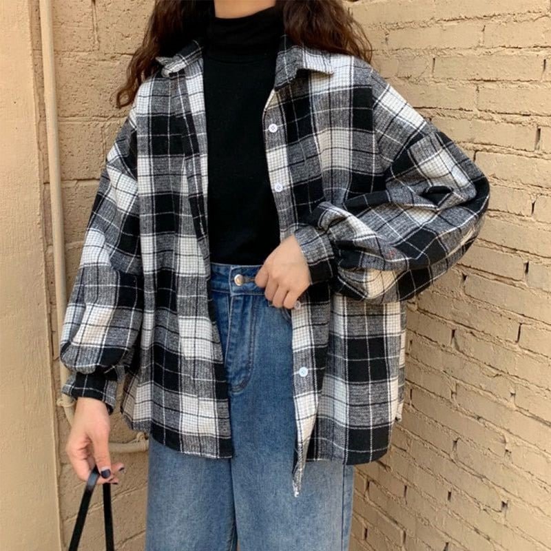 Women Blouses Turn-down Collar Spring Shirts Plaid All-match BF Batwing-sleeve Loose Outwear Harajuku Female 4 Colors Chic Shirt