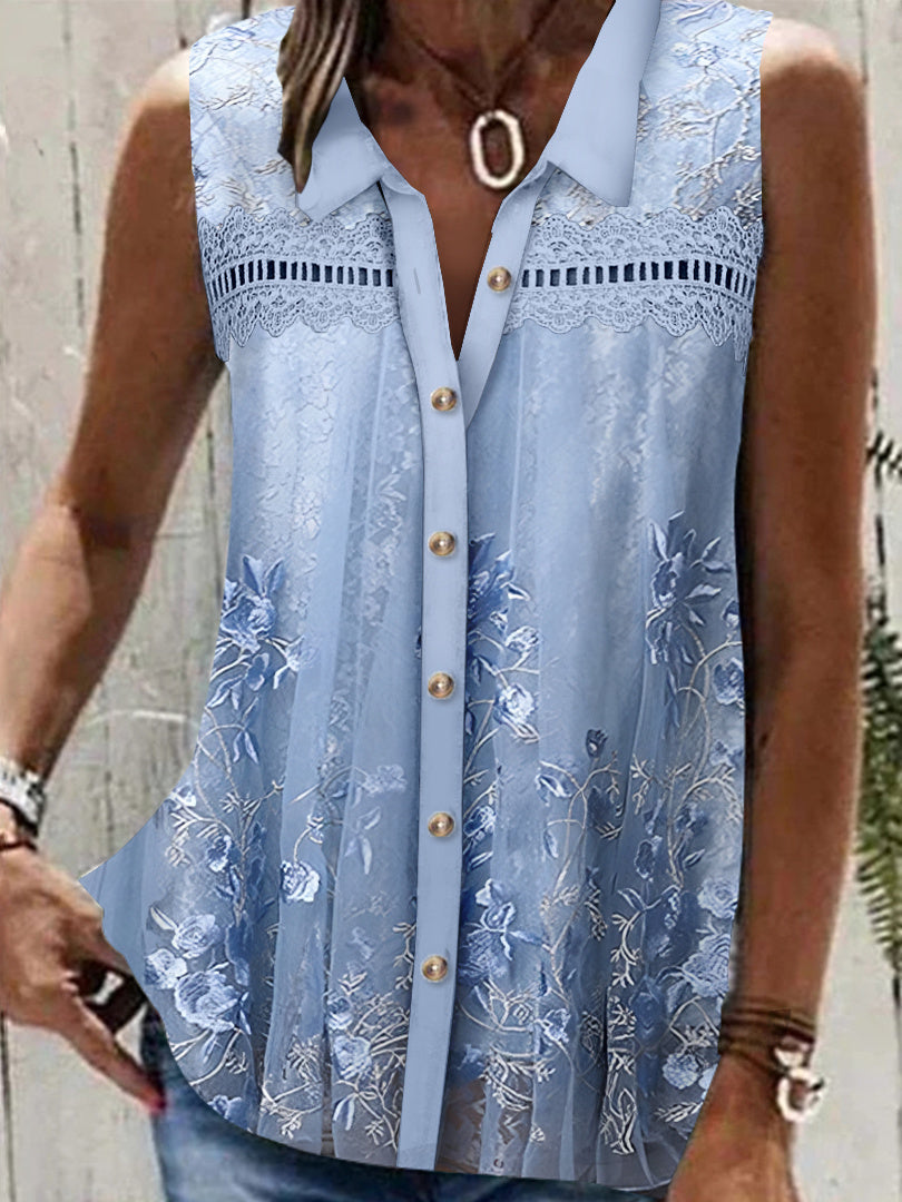 Women's Sleeveless V-neck Lace Stitching Graphic Floral Printed Top