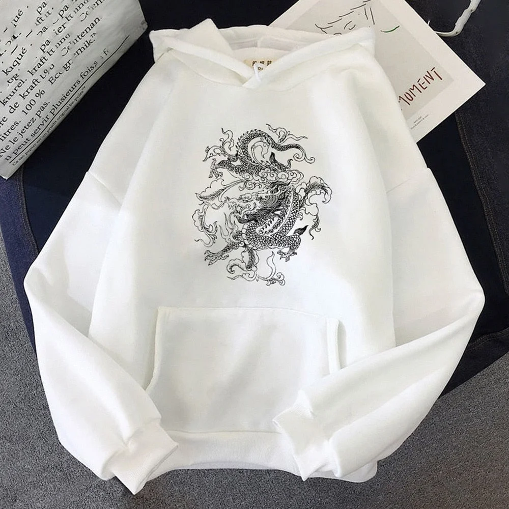 Gothic Dragon Print Hoodies Women Harajuku Vintage Hoodie Sweatshirt Oversized Streetwear Y2k Casual Winter Autumn Grunge Coat