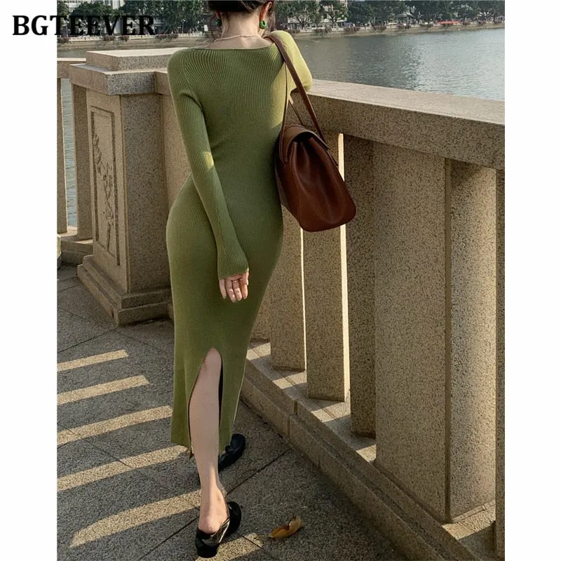 BGTEEVER Vintage Square Collar Knitted Bodycon Dress for Women Split Stretched Female Pencil Dress Vestidos 2021 Autumn Winter