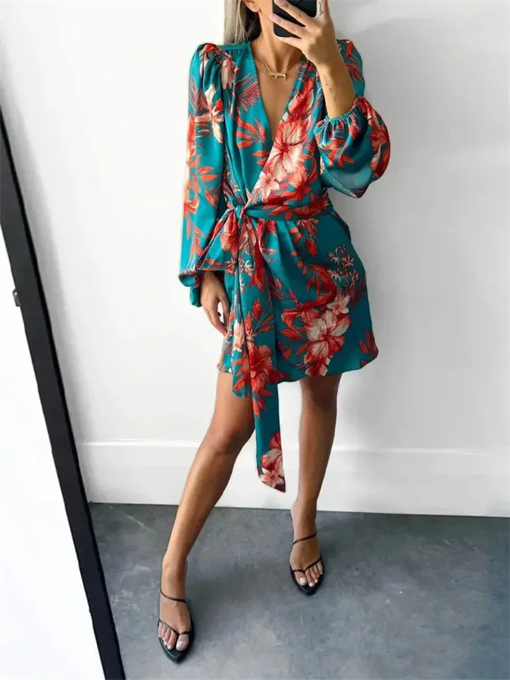 Fashion Printed Long-sleeved V-neck Casual Irregular Dress | EGEMISS