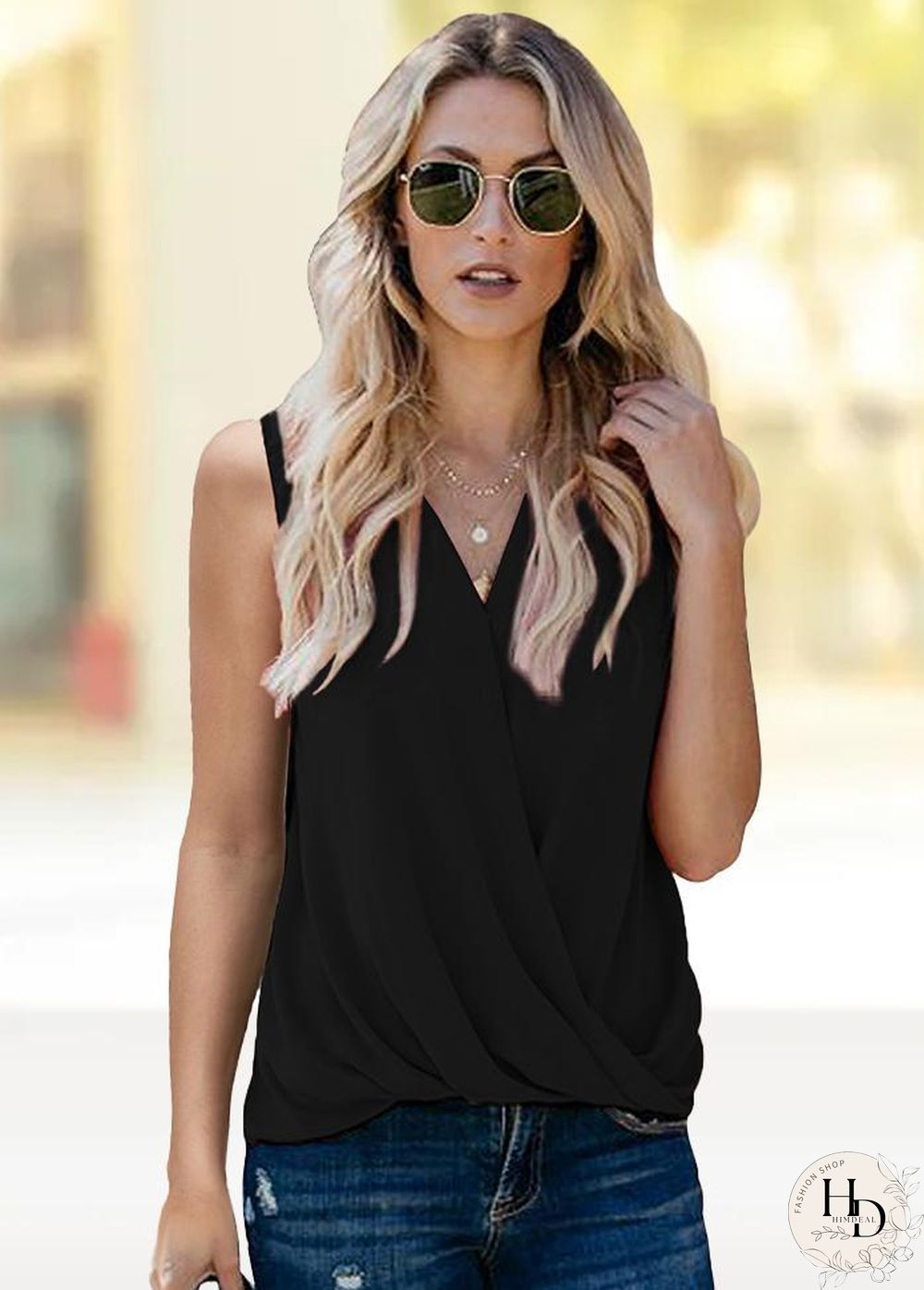V Neck Sleeveless Solid Color T-Shirt