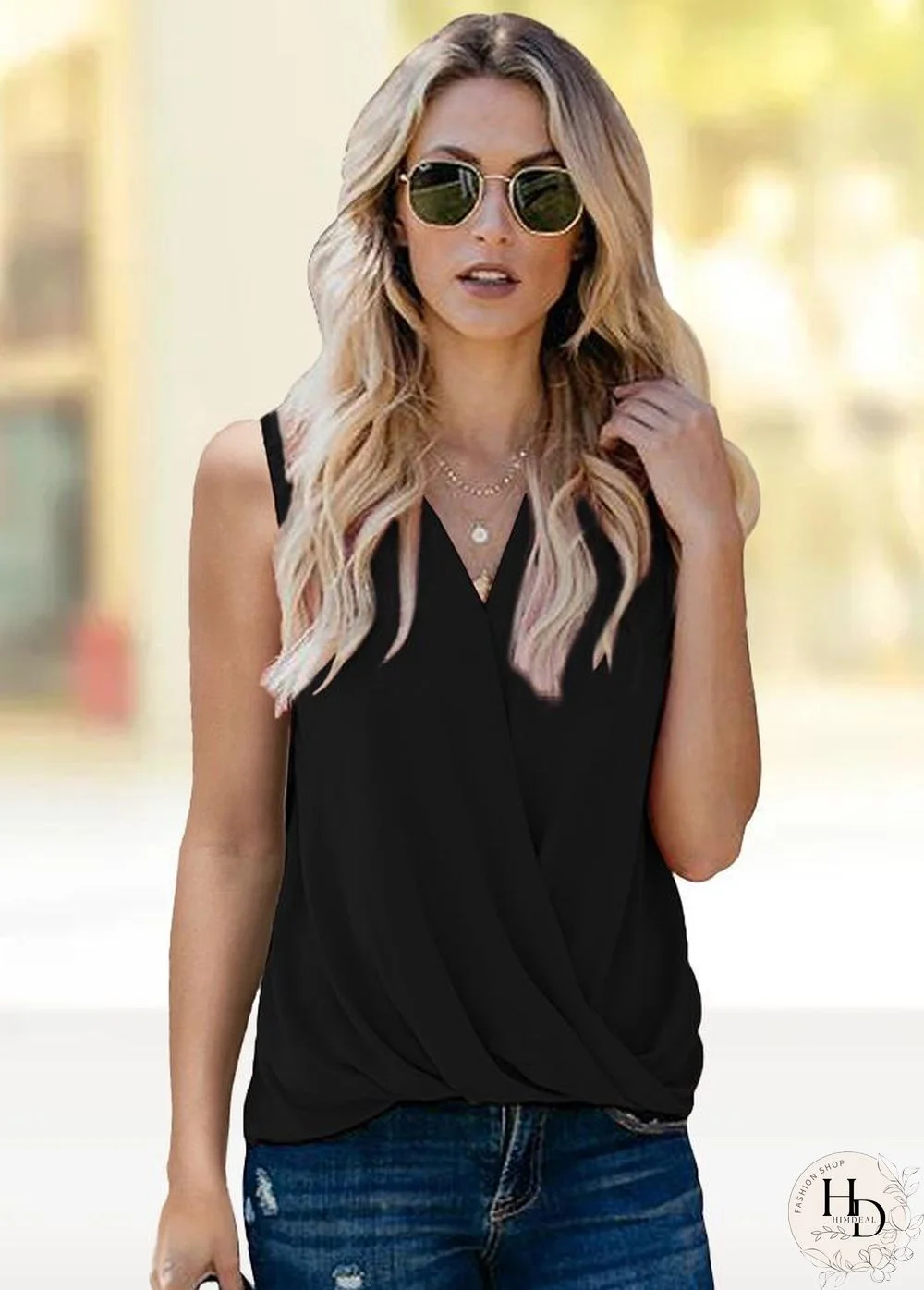 V Neck Sleeveless Solid Color T-Shirt