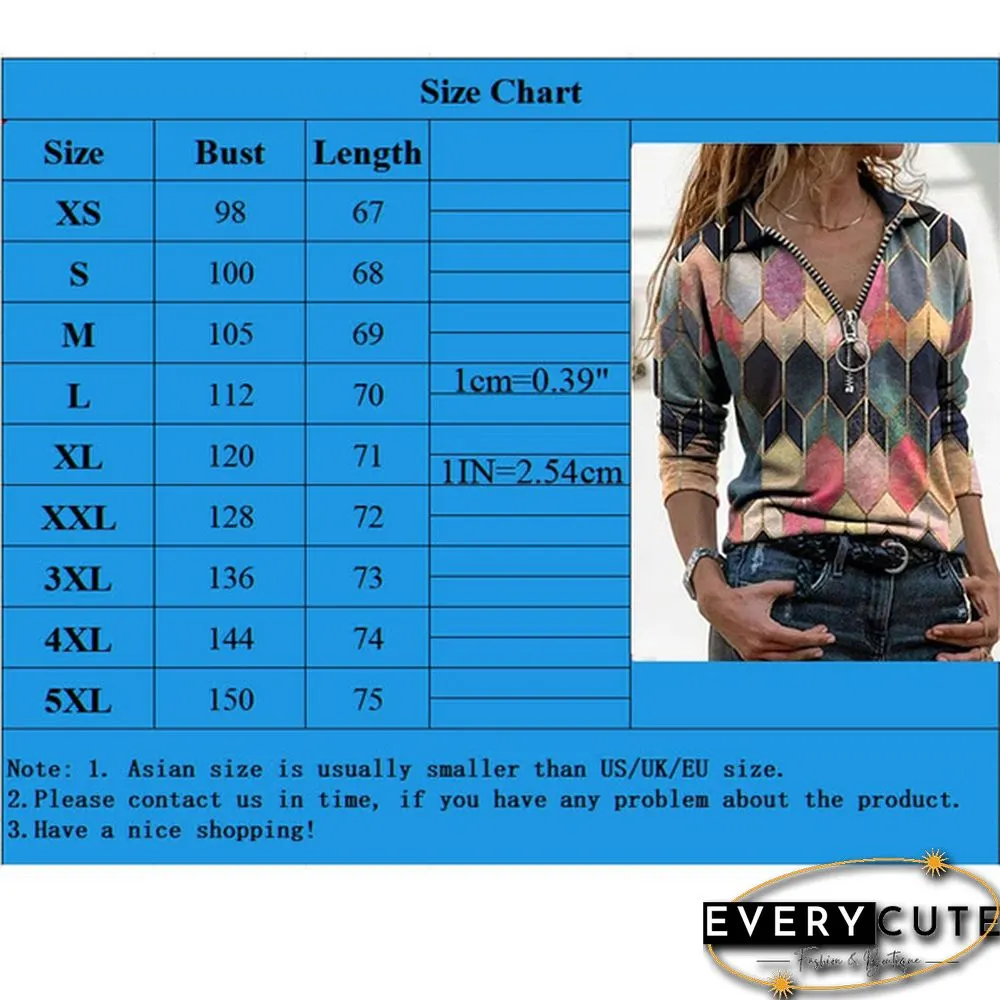 Womens Fashion Printed V-neck Long Sleeve Shirts Casual Zipper Turn-down Collar Cotton