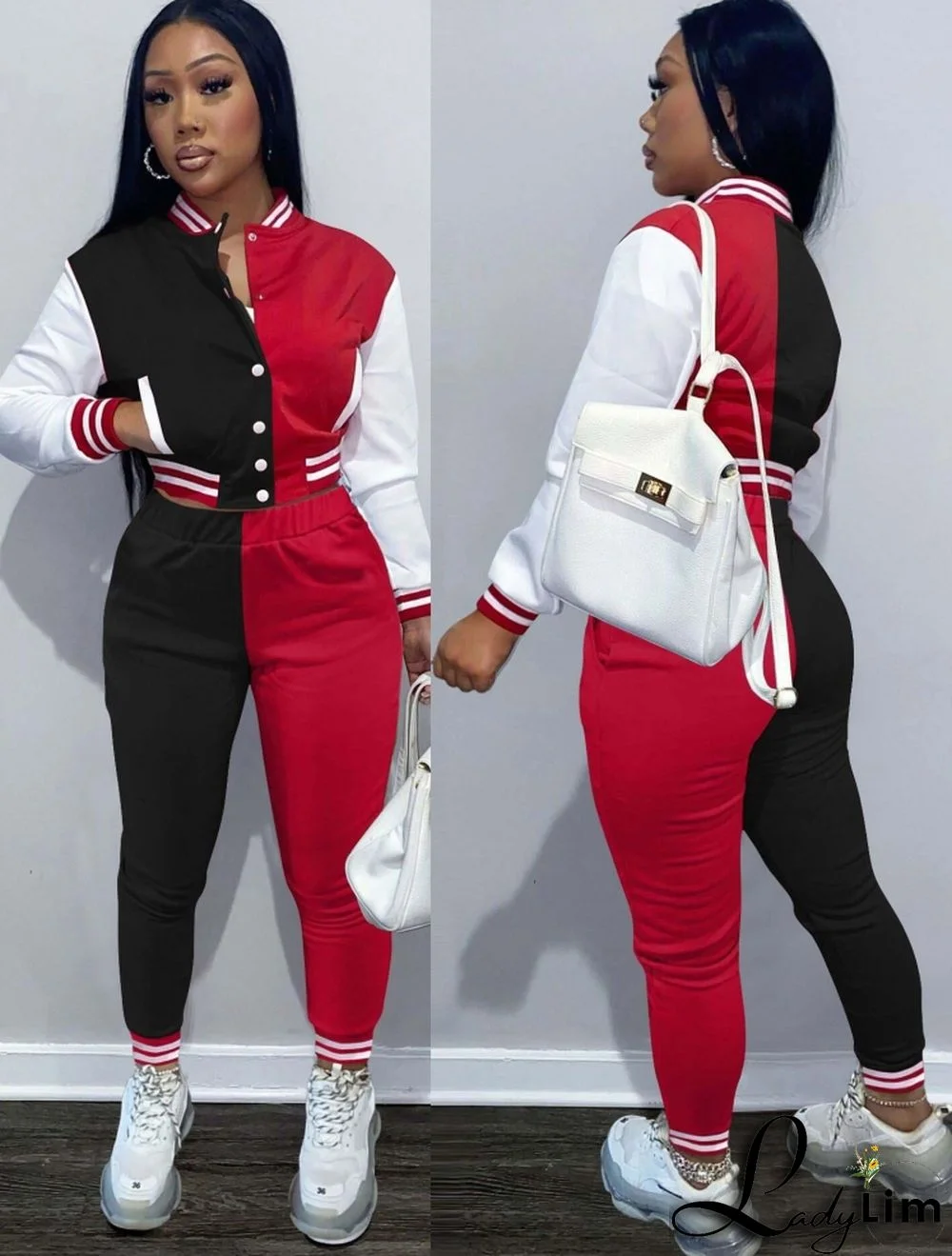 Winter Wholesale Sportswear Red Contrast Button Open Long Sleeve Top And Pant Two Piece Set