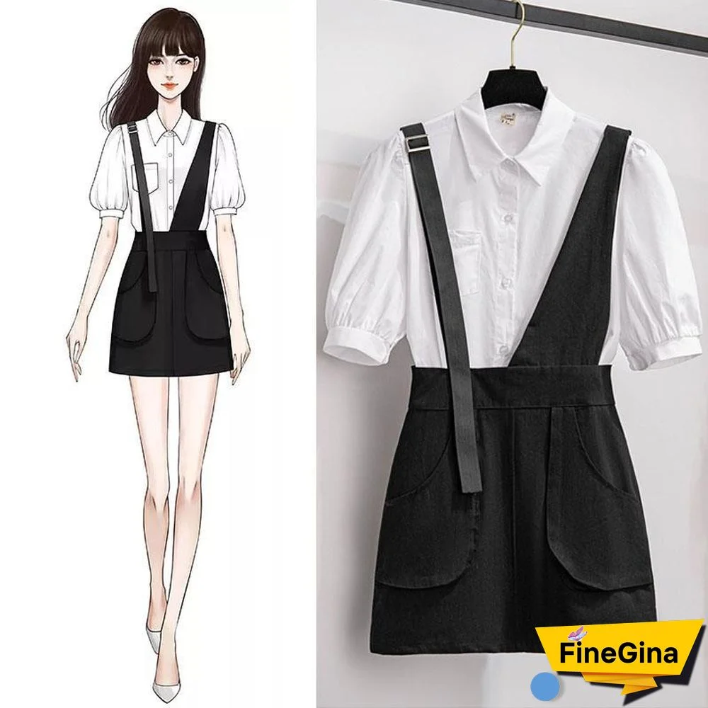 Fashion V-Collar Blouse+Belt Skirt P11742