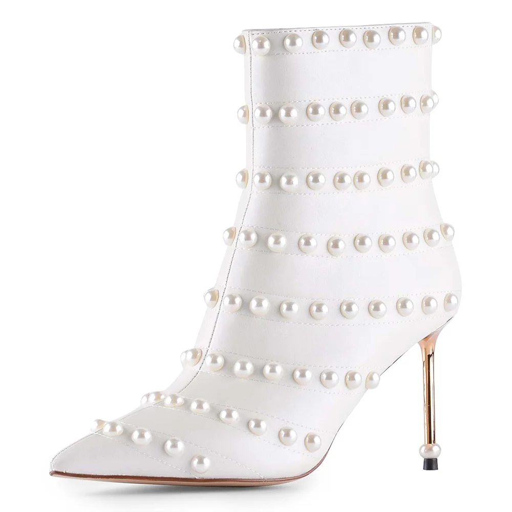 White Pearl Ankle Boots Stiletto Heels