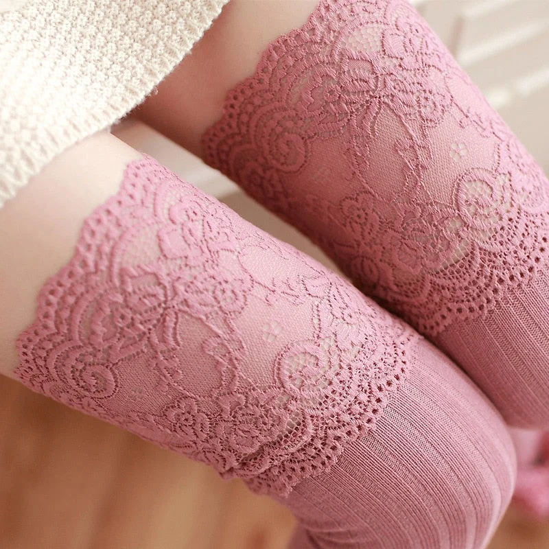 OJBK Thick Version Over Knee Cute 100% Cotton Stripe Lace Thigh High Sexy Stretch Stocking Fashion Spring and Autumn  2020 New
