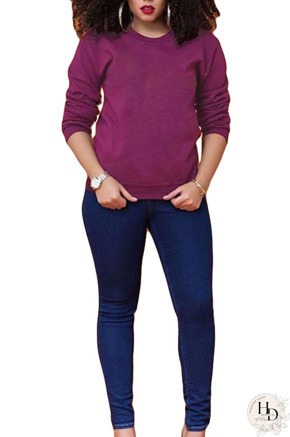 Orange Polyester O Neck Long Sleeve Solid Tops