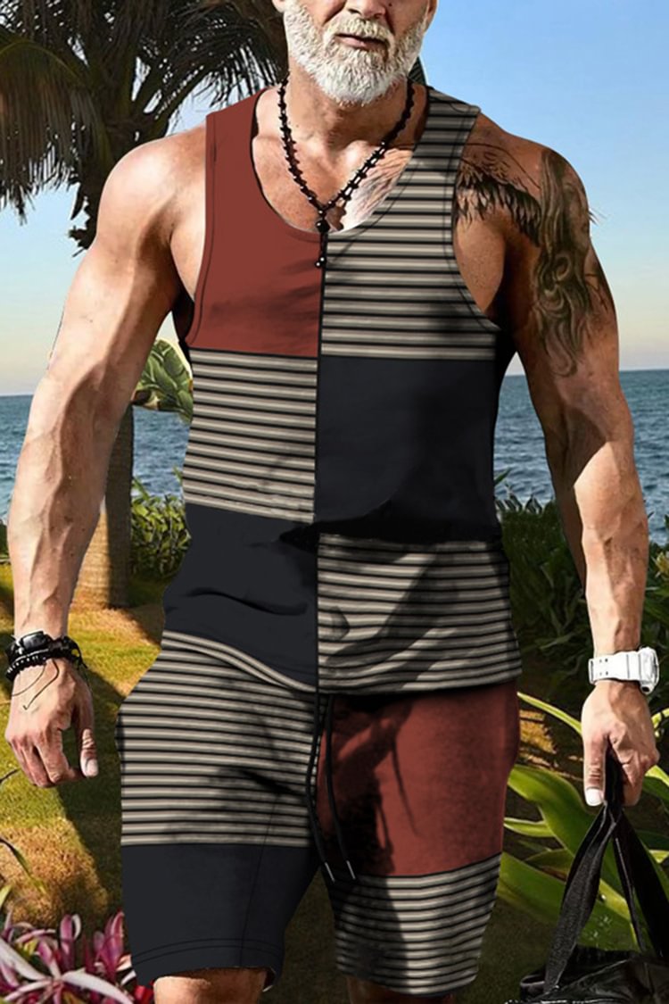 Tiboyz Casual Color Block Tank Top And Shorts Two Piece Set