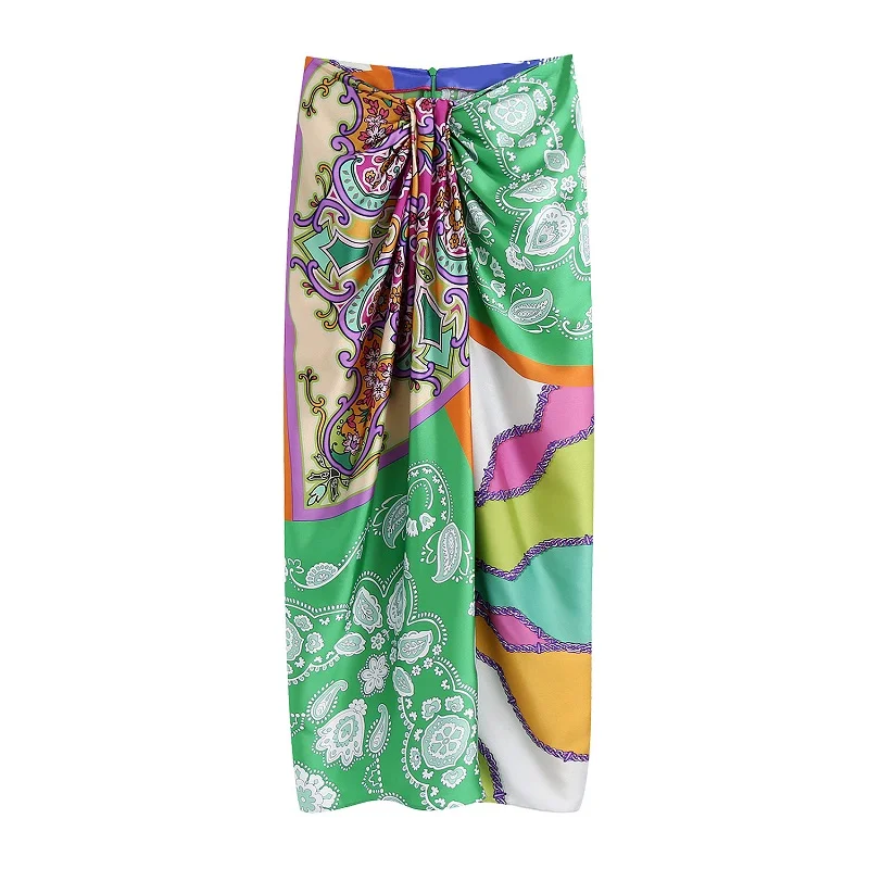 Jangj 90s Vintage Women Elegant Cloth Patchwork Floral Print Knotted Sarong Skirt Faldas Mujer Female Back Zipper Chic Slim Vestidos