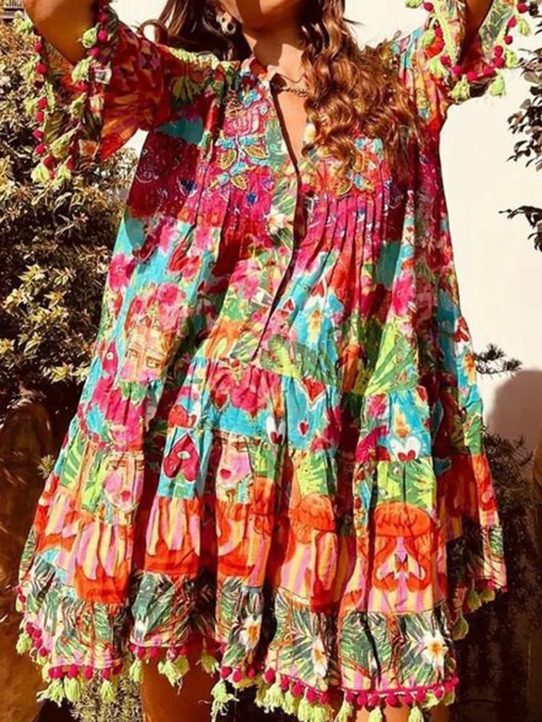 Color-Block Floral Printed Half Sleeves Loose V-Neck Mini Dresses