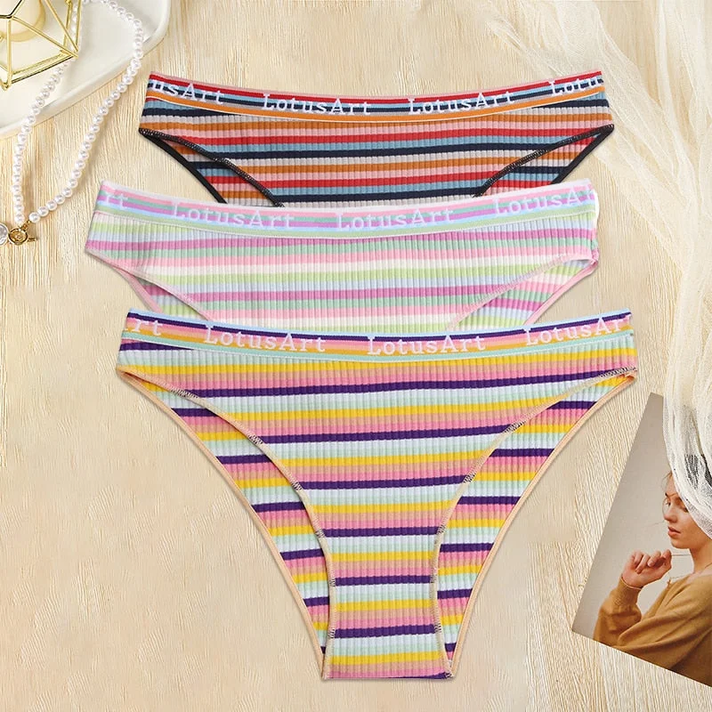 FINETOO 3PCS/Set Women Cotton Seamless Panties for Female M-XL Underwear Panty Sexy Colorful Striped Lingerie Letter Waist Brief