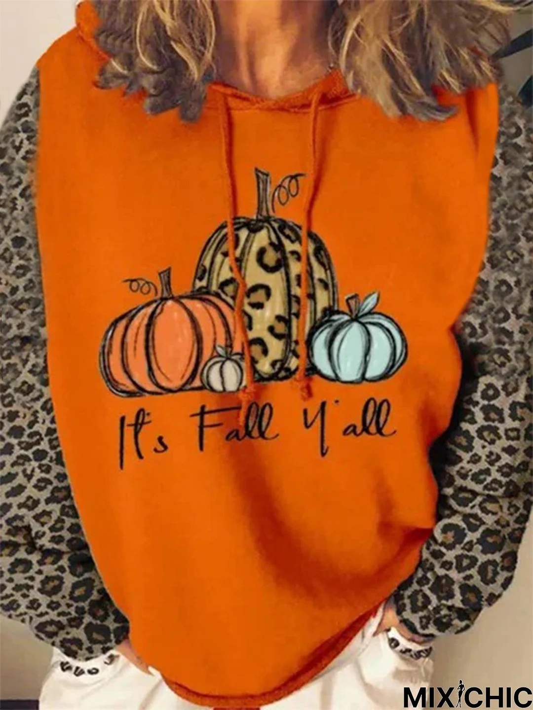 Color-block Leopard Pumpkin Letters Printed Hoodie Long Sleeve Casual Sweatshirt