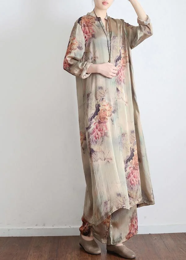2021 Spring Loose Print Silk Satin Split Long Sleeve Shirt + Wide Leg Pants