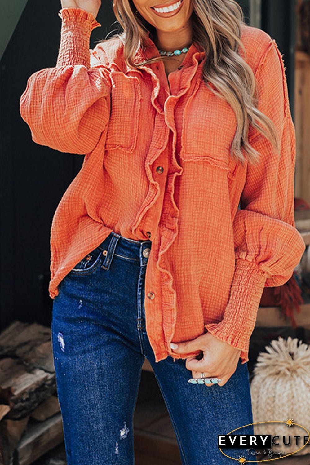Orange Ruffled Shirred Waffle Knit Pocketed Long Sleeve Shirt
