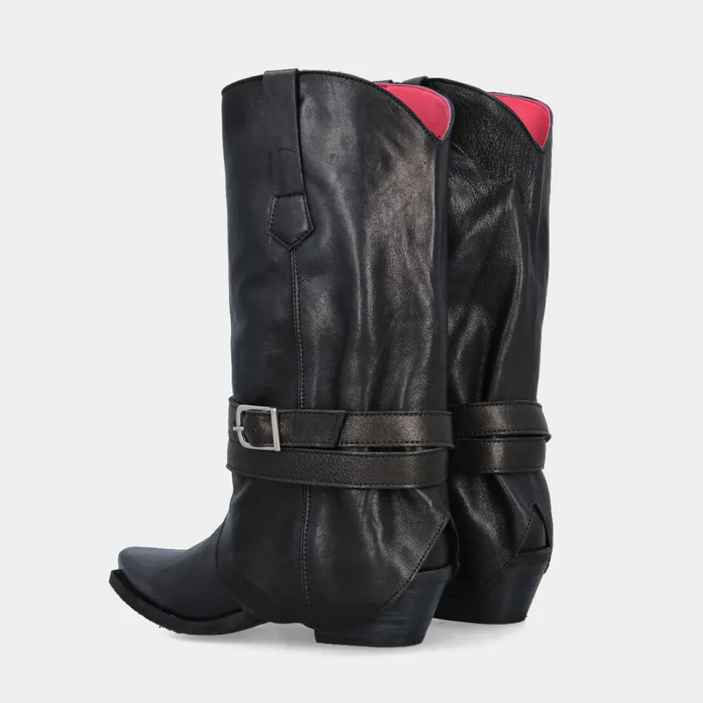 Women&lsquo;s Block Heel Black Fold Over Mid Calf Cowgirl Boots with Buckle