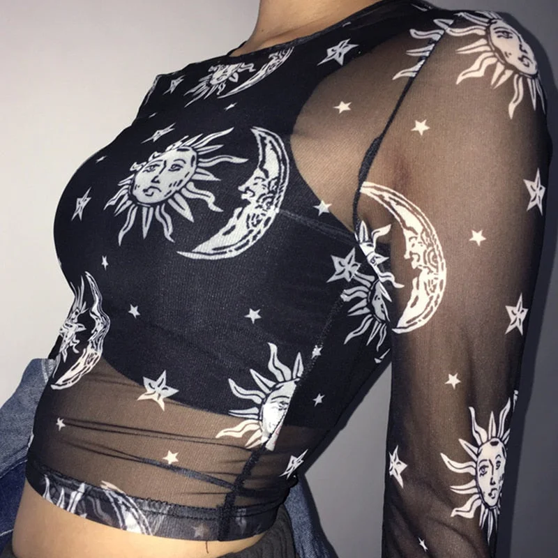 2021 Fairy Grunge Shirt Basic Mesh Print Top Women E Girl Gothic Punk Style T-shirts Tees Clothes Street Tops Womens Clothing