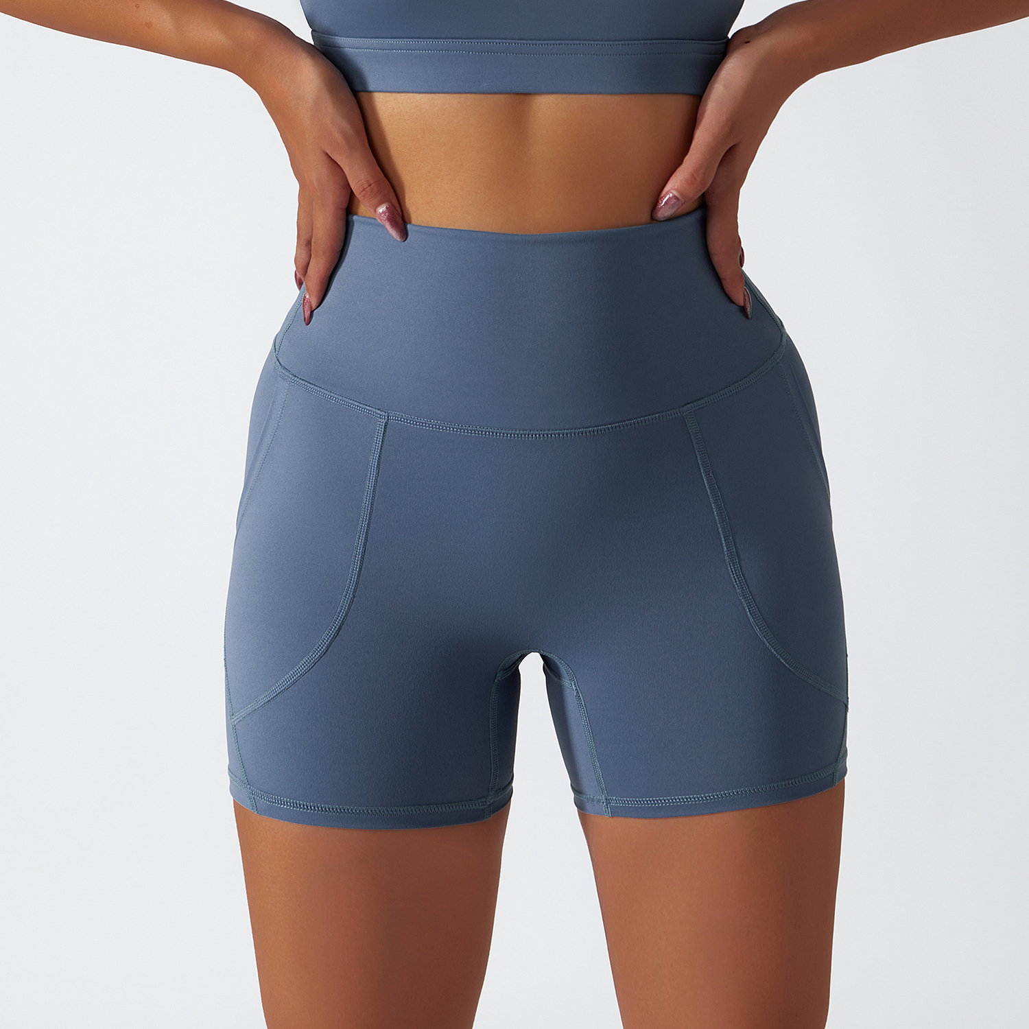 Buy Hergymclothing Haze Blue renewable fabric sustainable no front seam yoga shorts with side pockets online