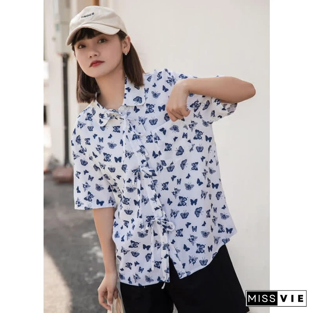 Vintage Butterfly Print Pocket Lace Up Loose Polo Shirt