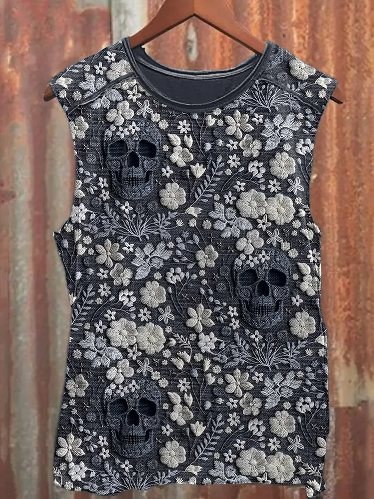 Men's Floral Skull Embroidery Pattern Vintage Tank Top