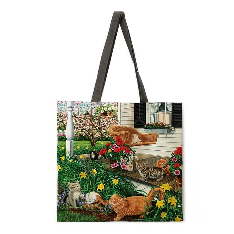 Country Rural Cat - Linen Tote Bag