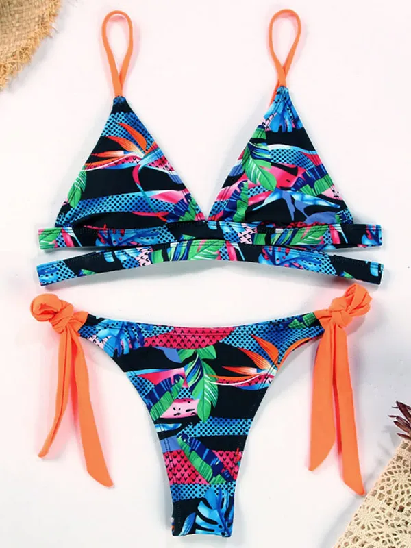 Floral Sexy Backless Triangles Tie Side Split Bikini Swimsuit
