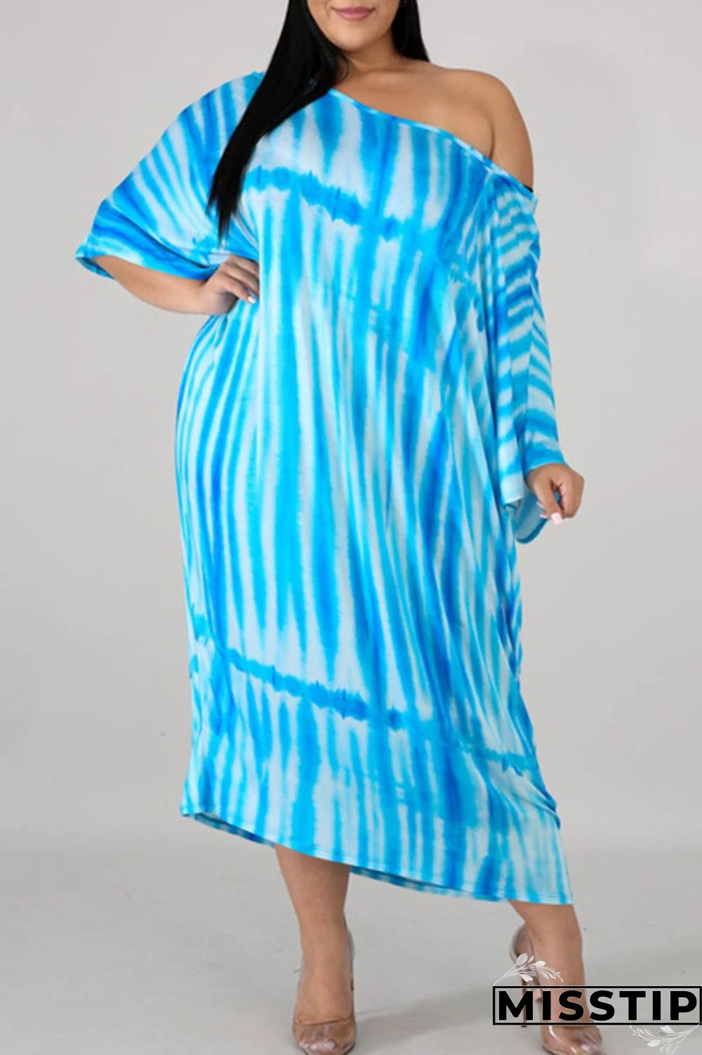 Sky Blue Casual Print Patchwork Off the Shoulder Straight Plus Size Dresses