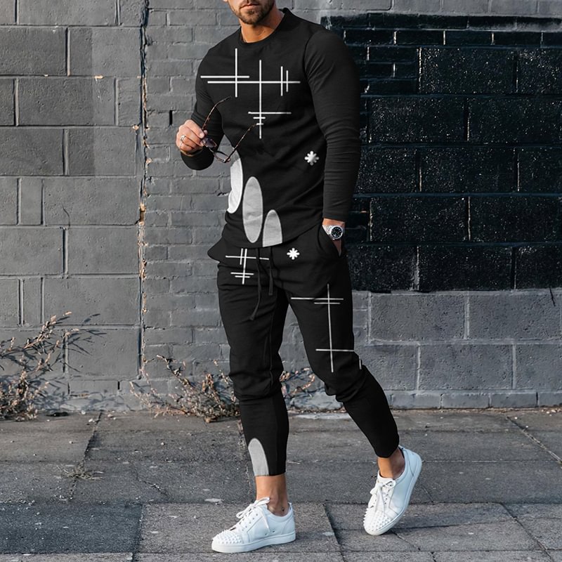 Men'S Abstract Geometric Pattern Long Sleeve T-Shirt And Pants Co-Ord