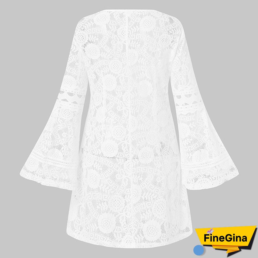 Women Flare Long Sleeve Mini Dress Lace Hollow Out Deep V Neck Party Casual Short Dress Plus Size