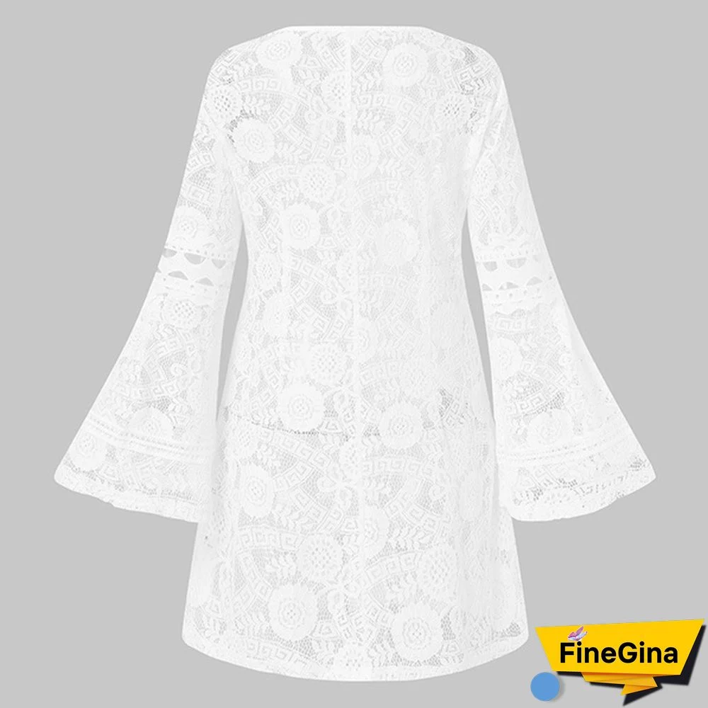 Women Flare Long Sleeve Mini Dress Lace Hollow Out Deep V Neck Party Casual Short Dress Plus Size