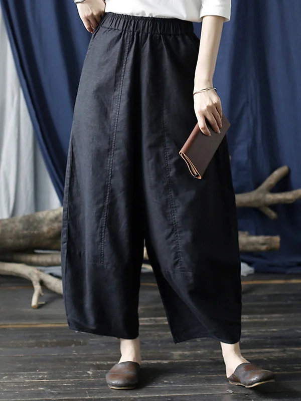 Simple Solid Color Elasticity Waisted Wide Leg Pants