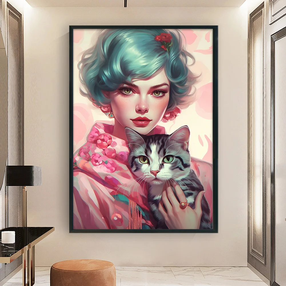 11CT Full Stamped Cross Stitch - Short Hair Woman Cat(Canvas|40*60CM)