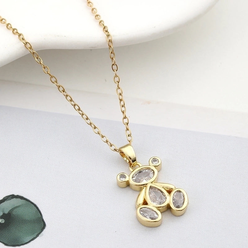 304 Stainless Steel Copper 18K Gold Plated Inlay Bear Zircon Pendant Necklace