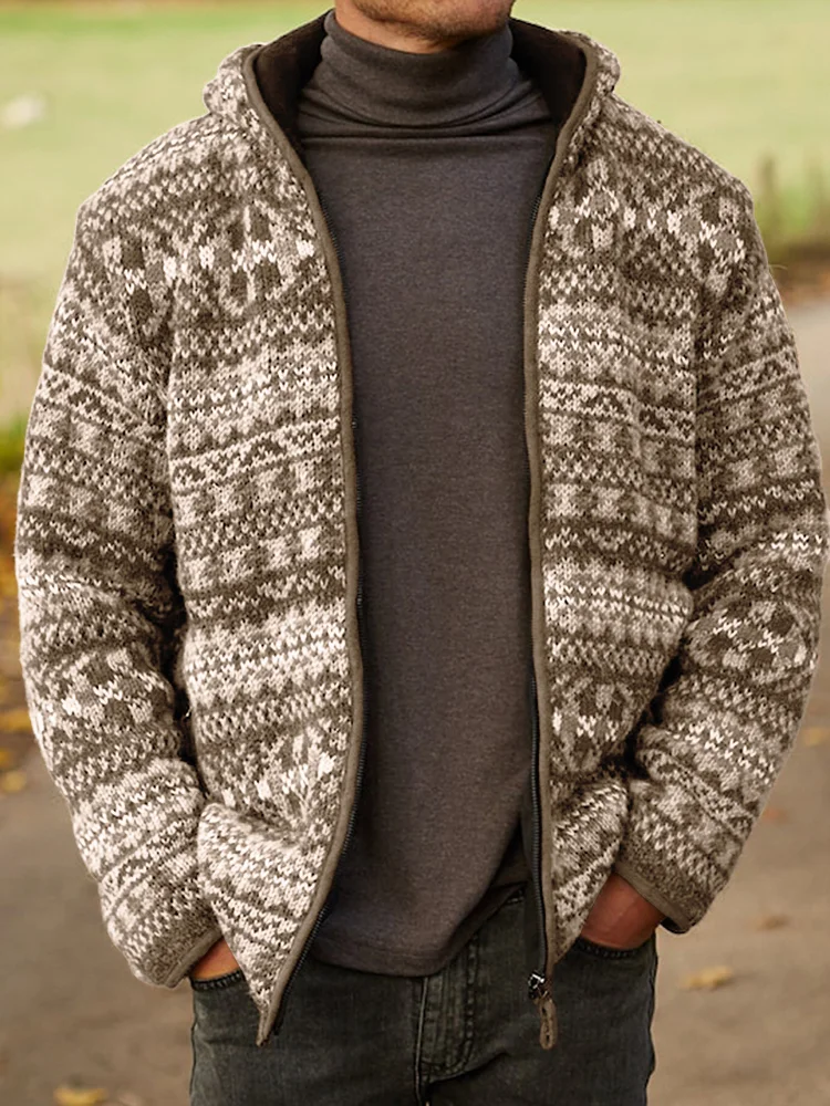 Utbros Mens Vintage Fair Isle Knitted Hooded Cardigan
