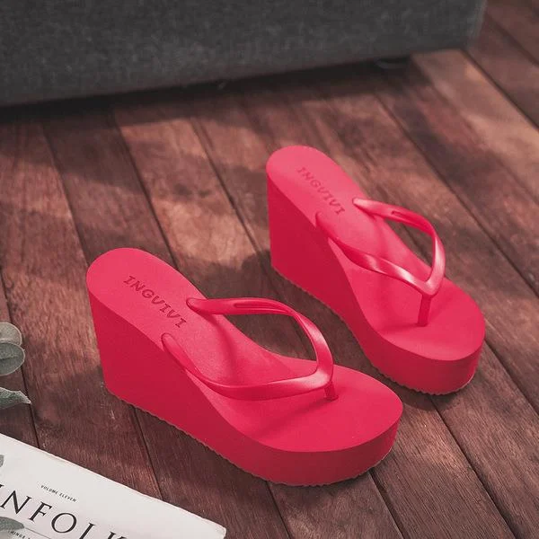 Yyvonne High-heeled Shoes Lady House Slippers Platform Slides Low on A Wedge Rubber Flip Flops Summer New Clogs Woman Candy Colors