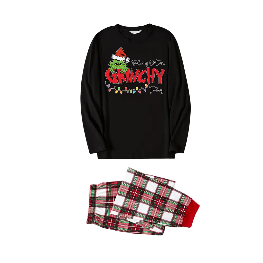 Christmas Cartoon and Light Print Black Long Sleeve Top with Red & White & Green Plaid Family Matching Pajamas