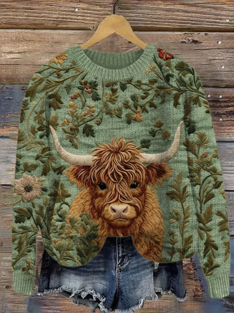 VChics Highland Cow Floral Embroidery Cozy Knit Sweater