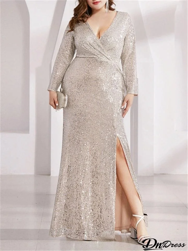 Gorgeous Shiny V-Neck Sequins Long Sleeve Slit Dress