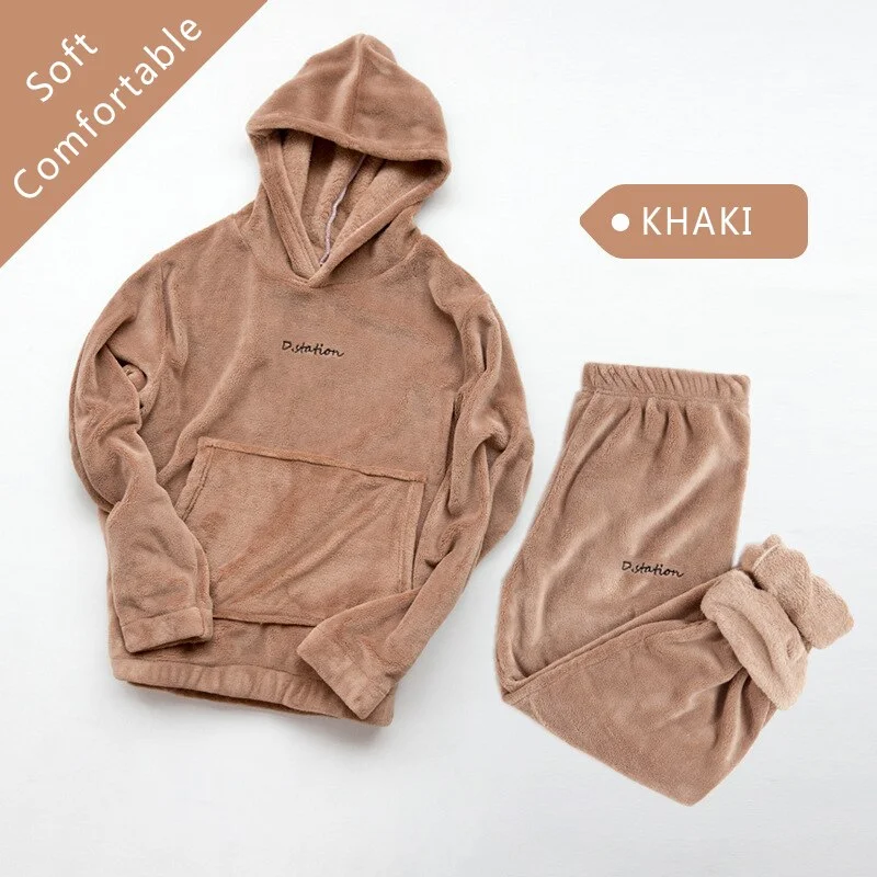Women Pajamas Set Winter Warm Flannel Pajamas Homewear Thick  Female Sleepwear Plush Pyjamas Suit Sweatshirt Hoodies Solid Color