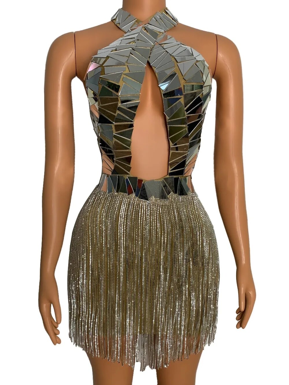 Backless Silver Mirrors Crystal Tassel Transparent Costume Women Rhinestones Chains Short Dress Prom Nightclub Outfit