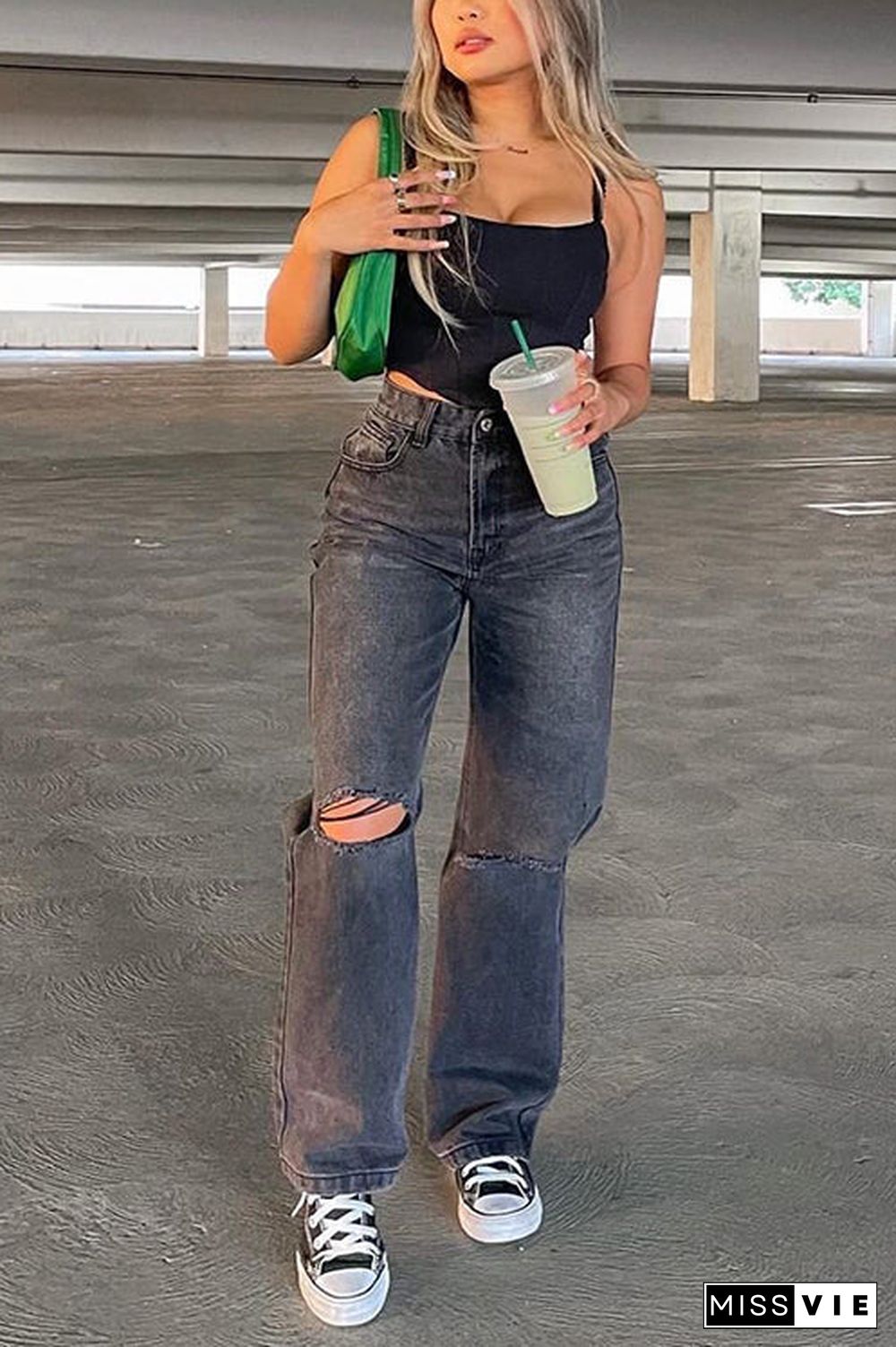 Black Borken Hole Straight Leg Jeans