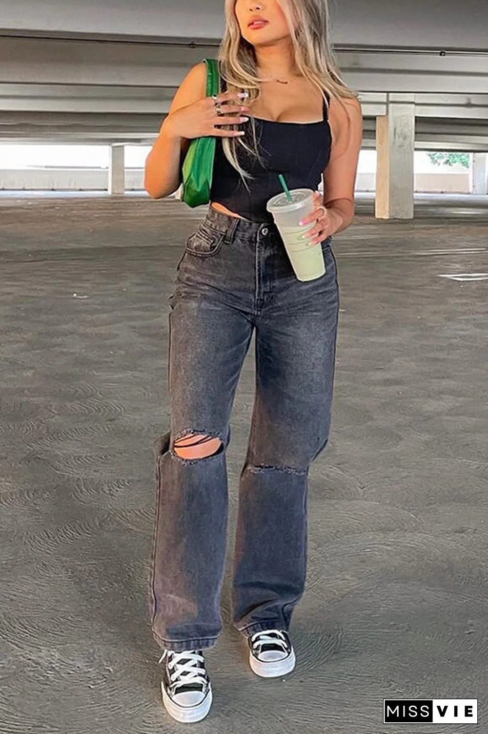 Black Borken Hole Straight Leg Jeans