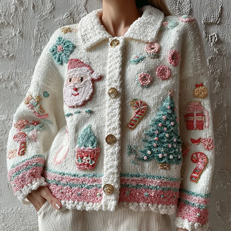 Women's Christmas Candy Embroidery Button-down Sweater
