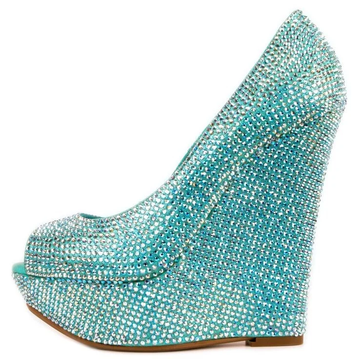 Turquoise Peep Toe Rhinestone Wedge Pumps - Prom Shoes Vdcoo