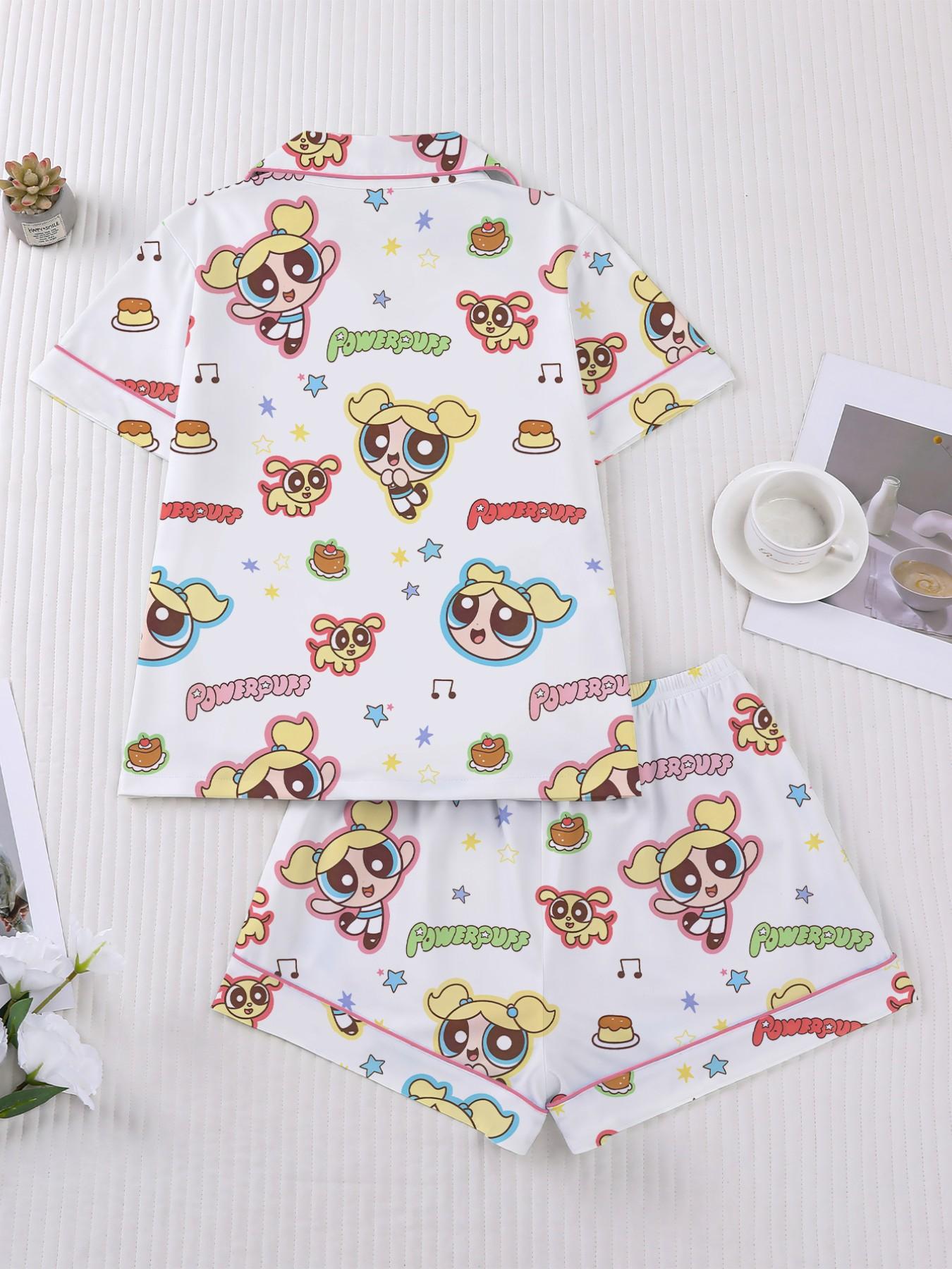 Flying Girl Print Women's Pajama Set, Short Sleeve Button-Up Soft Top and Loose Elastic Shorts, Casual Home Wear Loungewear for Daily Use Nightwear Pjs