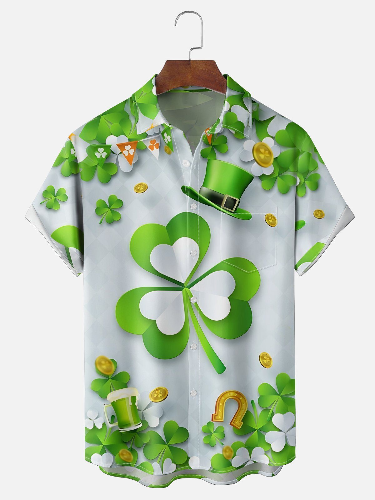 Moisture-wicking St. Patrick's Day Clover Beer Coins Chest Pocket Casual Shirt PLUSCLOTHESMAN